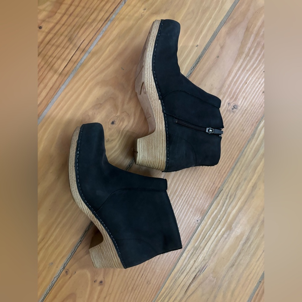 Black suede Dansko booties.